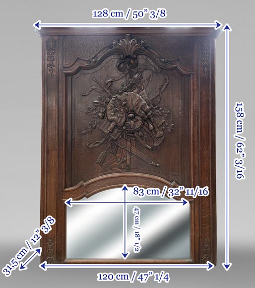 Carved and painted wooden overmantel mirror with a pastoral music trophy, in the Louis XV style, 19th century-12