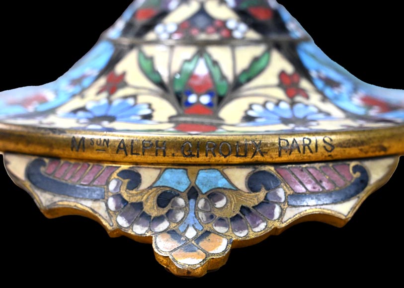 Gilt Bronze and Champlevé Enamel Table Mirror, Signed 