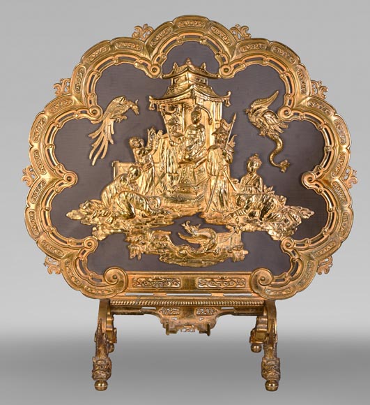 Maison MARNYHAC (attrib.) — Rare Chinese-style Antique Fire Screen in Gilded Bronze, Second Half of the 19th Century-0