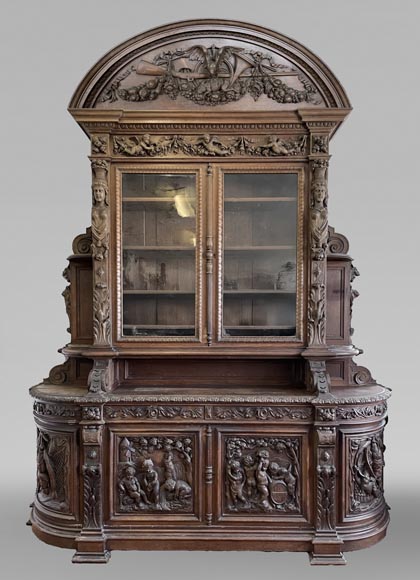Large Napoleon III Style Oak Bookcase – Four Seasons Theme-0
