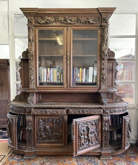Large Napoleon III Style Oak Bookcase – Four Seasons Theme-1