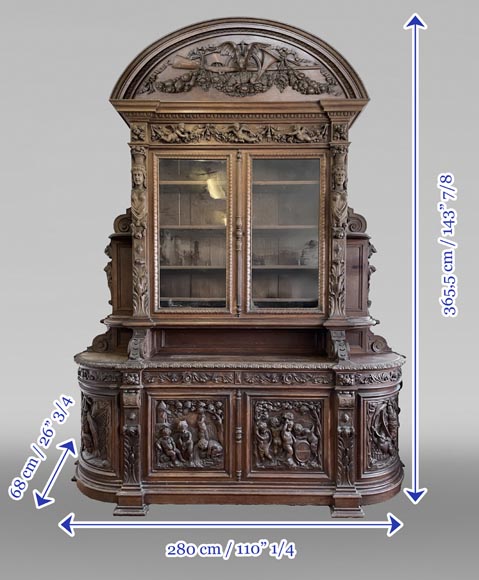 Large Napoleon III Style Oak Bookcase – Four Seasons Theme-12