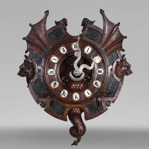 Japonist Wall Clock in Carved Wood and Hardstone – 19th Century