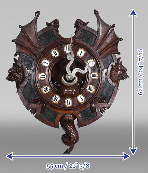 Gothic Revival Wall Clock in Carved Wood and Hardstone - Clocks