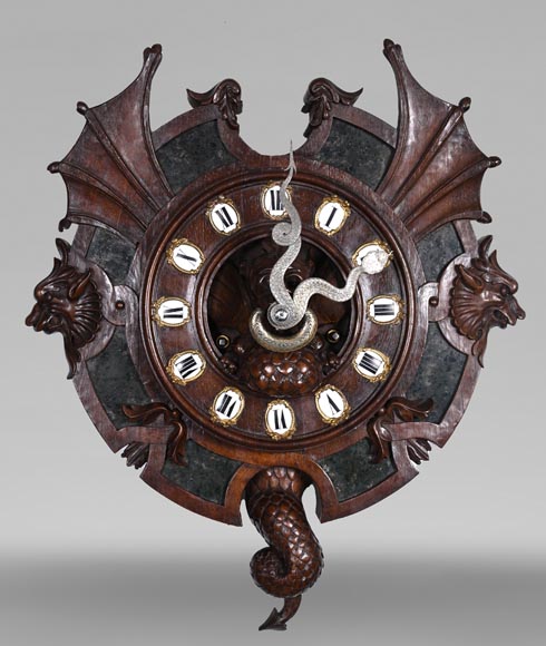 Japonist Wall Clock in Carved Wood and Hardstone – 19th Century-0