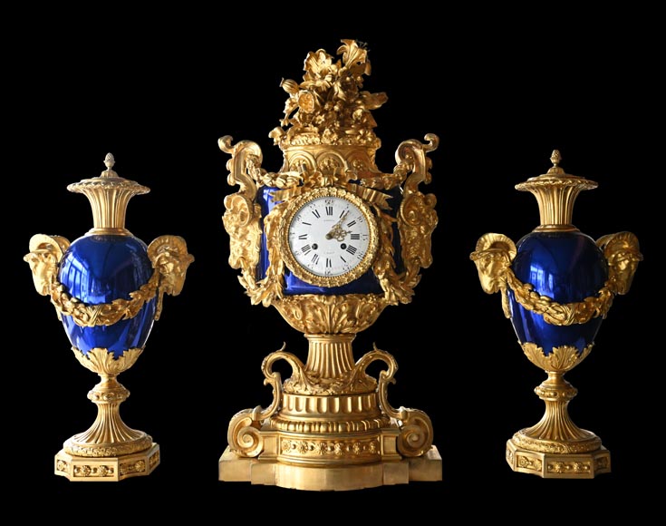 MARQUIS Louis-Auguste, Louis XVI Style Gilt Bronze and Scagliola Clock Set MARQUIS Louis-Auguste, Louis XVI Style Gilt Bronze and Scagliola Clock Set-0