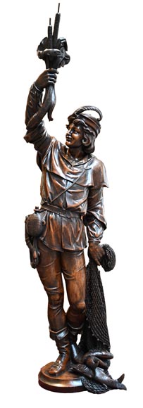 RIBAILLER and MAZAROZ, Pair of walnut statues of a hunter and a fisherman, after the 1855 Universal Exhibition-3