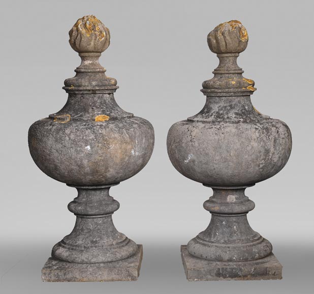 Pair of Stone Flame Urns-0