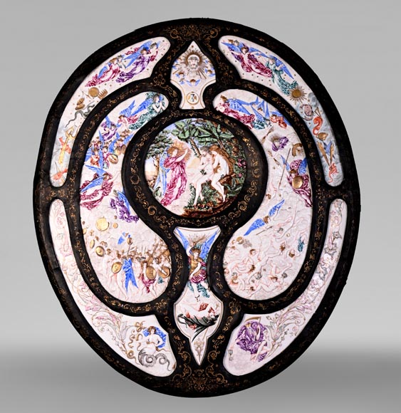 Decorative shield with high-relief decoration of the Creation to the Last Judgment after the Milton Shield by Léonard Morel-Ladeuil, Naples porcelain, known as Capodimonte porcelain-0