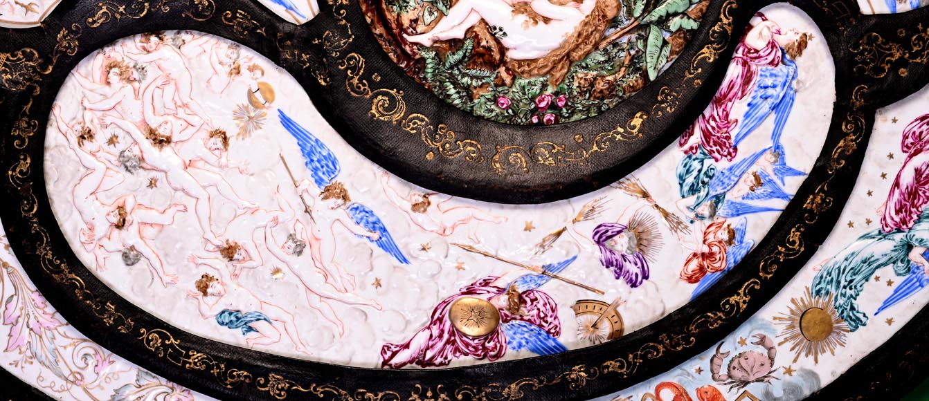 Decorative shield with high-relief decoration of the Creation to the Last Judgment after the Milton Shield by Léonard Morel-Ladeuil, Naples porcelain, known as Capodimonte porcelain-10