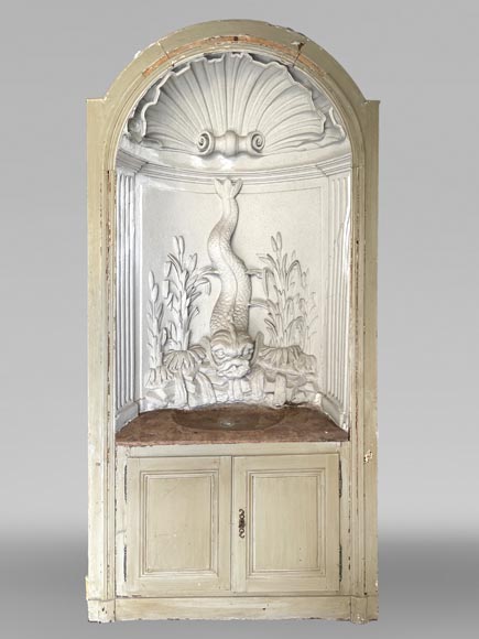 Indoor wall fountain with dolphin motif – Carved plaster and Corton marble-stone-0