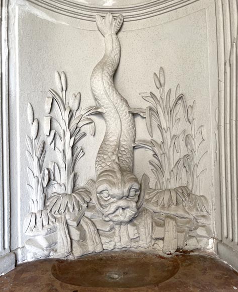 Indoor wall fountain with dolphin motif – Carved plaster and Corton marble-stone-2