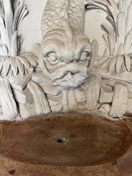 Indoor wall fountain with dolphin motif – Carved plaster and Corton marble-stone-4