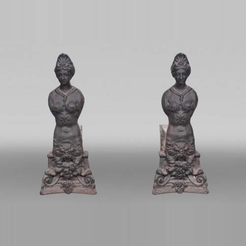 Pair of Renaissance-style cast iron andirons – 19th century