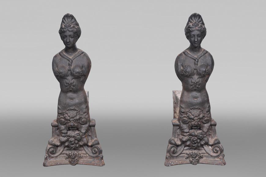 Pair of Renaissance-style cast iron andirons – 19th century-0