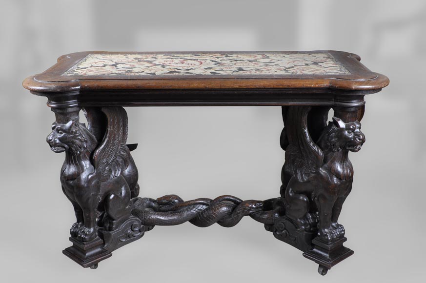 Sphinx Table in oak, Napoleon III style-0