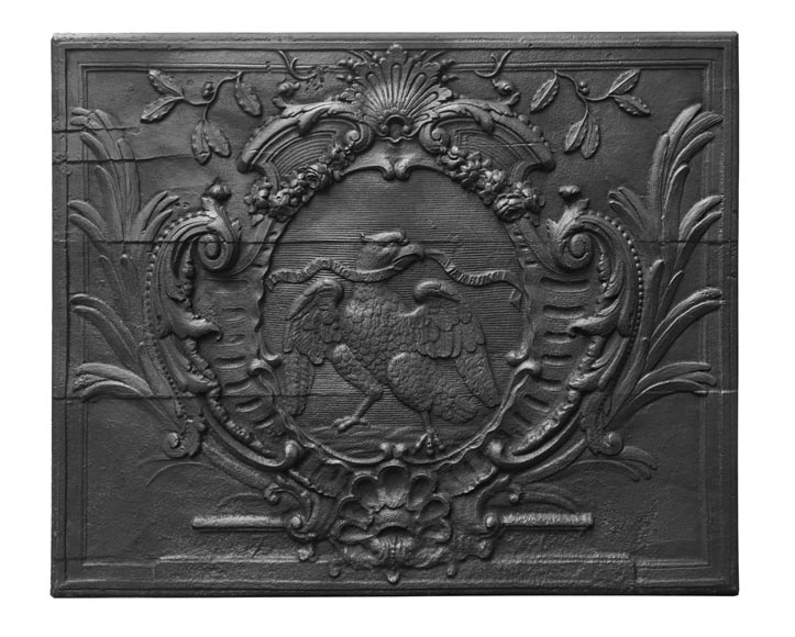  Louis XV period fireplace plaque, decorated with an eagle holding a motto-0