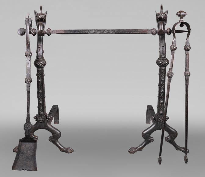Pair of wrought iron fire dogs with dragon heads — Signed E. LARCHEVÊQUE, Mehun (Cher), France — Late 19th century-0