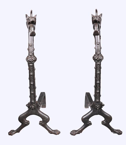 Pair of wrought iron fire dogs with dragon heads — Signed E. LARCHEVÊQUE, Mehun (Cher), France — Late 19th century-1