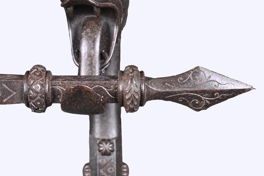 Pair of wrought iron fire dogs with dragon heads — Signed E. LARCHEVÊQUE, Mehun (Cher), France — Late 19th century-9