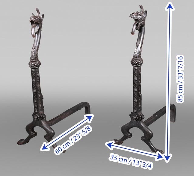 Pair of wrought iron fire dogs with dragon heads — Signed E. LARCHEVÊQUE, Mehun (Cher), France — Late 19th century-14
