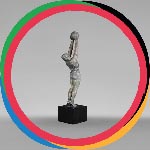 Basketball player shooting, statuette in regula with a green patina