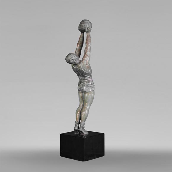 Basketball player shooting, statuette in regula with a green patina-0