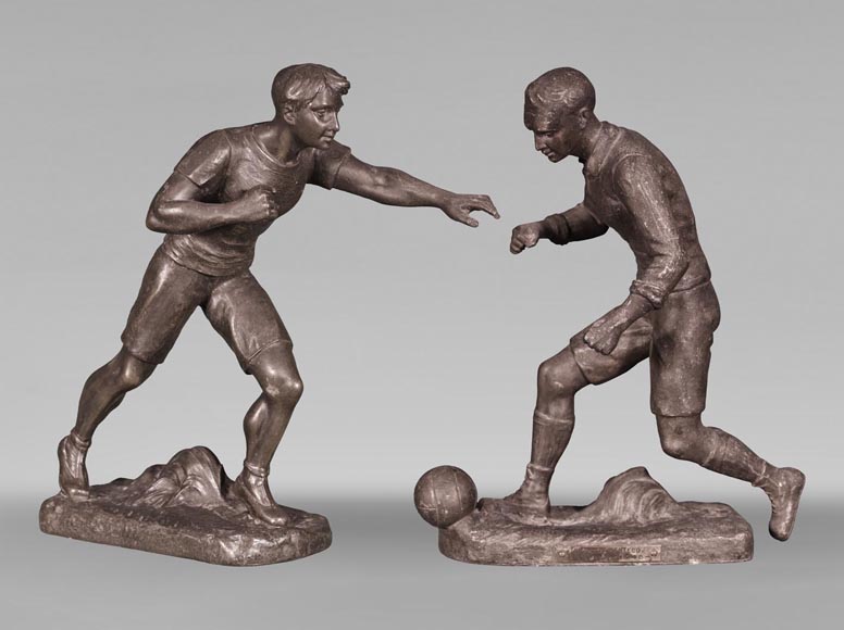 Henry FUGÈRE (1872-1944) (after), “Runner and soccer player”, Two sculptures in patinated regula-0