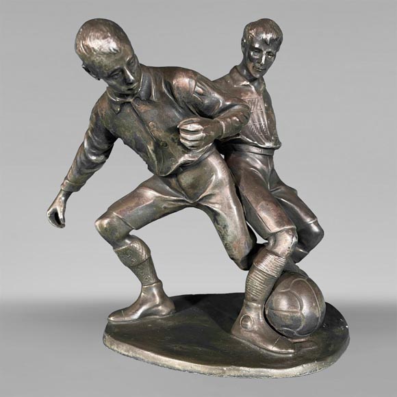 “Two players disputing the ball”, silver-plated metal statuette-0