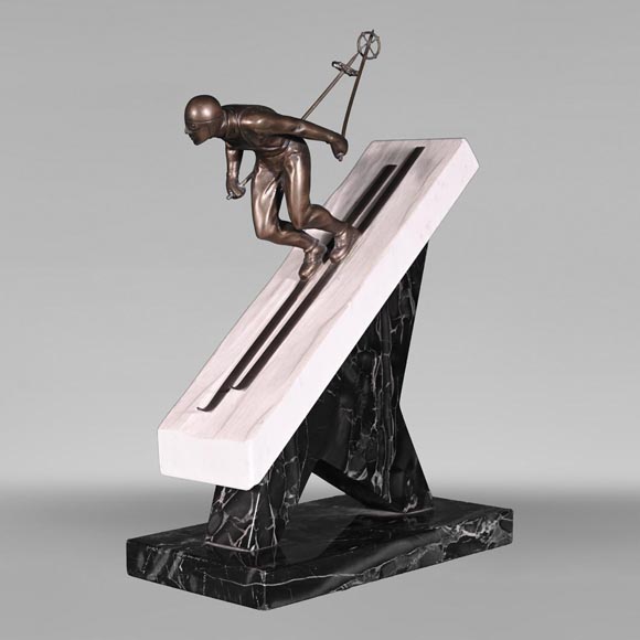 “The skier”, sculpture in patinated bronze on mabre base-0