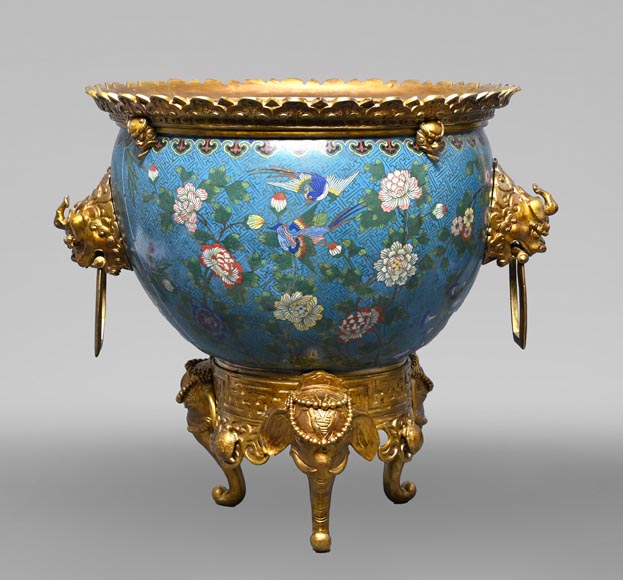 Ferdinand BARBEDIENNE – Japonist cachepot in gilt bronze and cloisonné enamel-0
