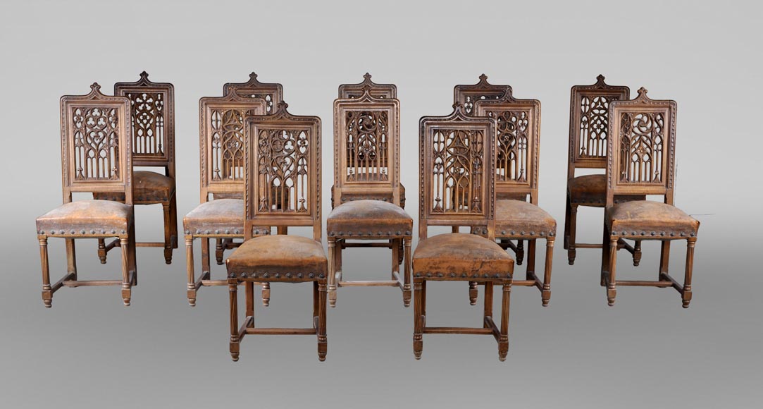 Set of 12 Neo-Gothic chairs featuring four different types of openwork backs-0