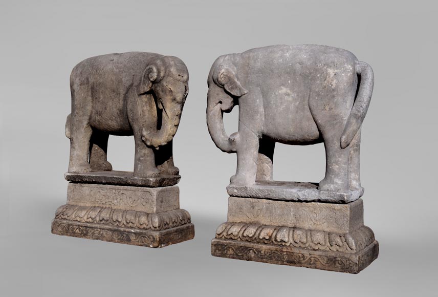 Pair of Vietnamese-style carved stone elephant statues-0