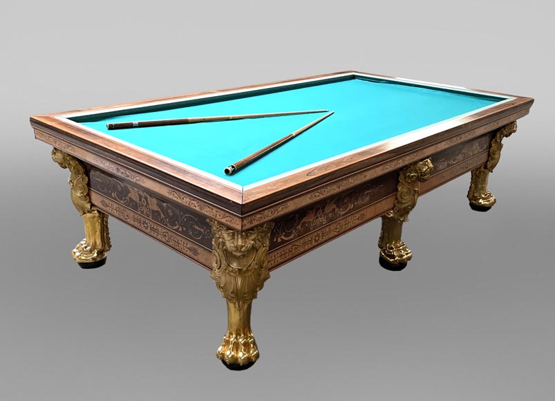 PORET AND PANNETIER, French billiard table in the Louis-Philippe style with rich marquetry decoration, resting on six gilt bronze lion's feet PORET AND PANNETIER, French billiard table in the Louis-Philippe style with rich marquetry decoration, resting on six gilt bronze lion's feet-0