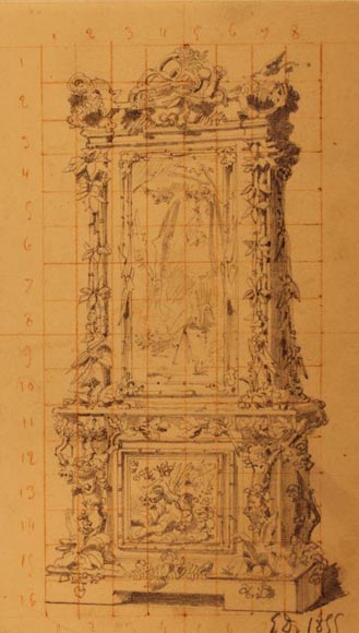 Jean-Pierre TAHAN & Joseph CREMER, two-part carved buffet with marquetry panel called “Fantasy Furniture” Exhibition 1855-12