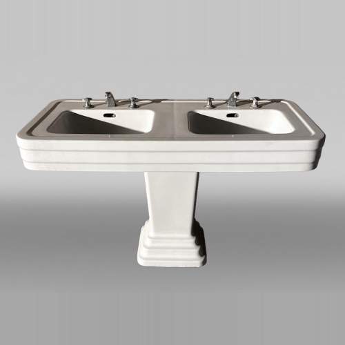 Double washbasin in white enamelled ceramic, chrome fittings, Art Deco