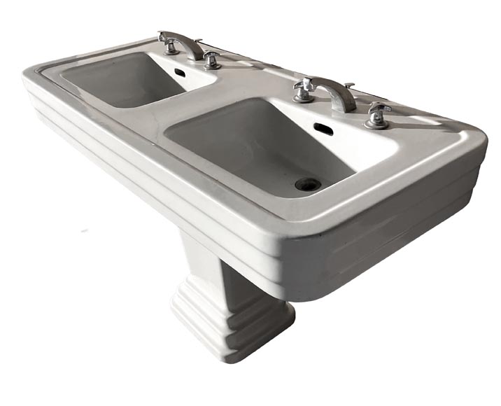 Double washbasin in white enamelled ceramic, chrome fittings, Art Deco Double washbasin in white enamelled ceramic, chrome fittings, Art Deco-1