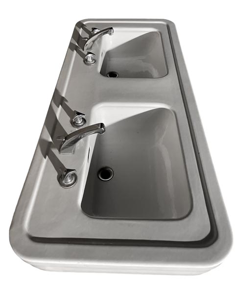 Double washbasin in white enamelled ceramic, chrome fittings, Art Deco Double washbasin in white enamelled ceramic, chrome fittings, Art Deco-2