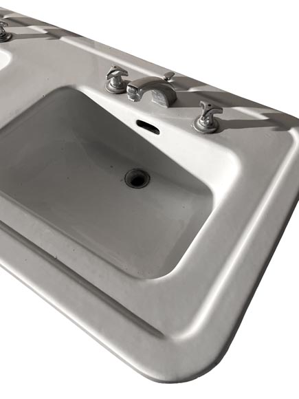 Double washbasin in white enamelled ceramic, chrome fittings, Art Deco Double washbasin in white enamelled ceramic, chrome fittings, Art Deco-4