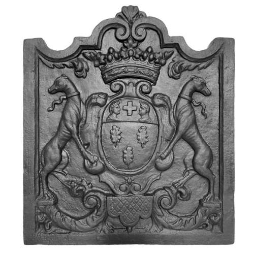 Fireplace plaque with coat of arms supported by two greyhounds