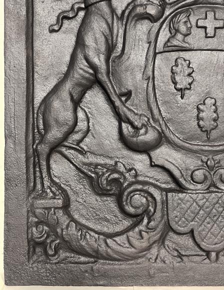 Fireplace plaque with coat of arms supported by two greyhounds-2