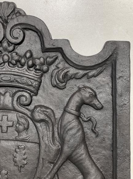 Fireplace plaque with coat of arms supported by two greyhounds-6