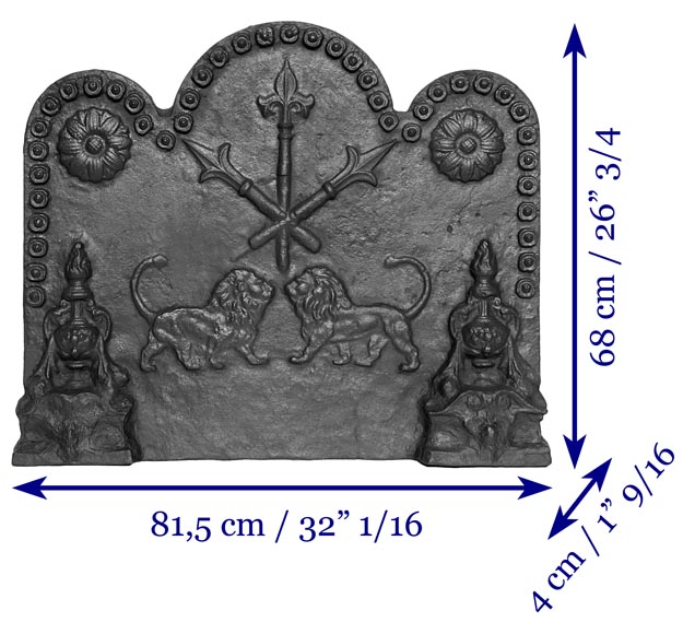 Fireplace backplate decorated with lions and fire pots-8