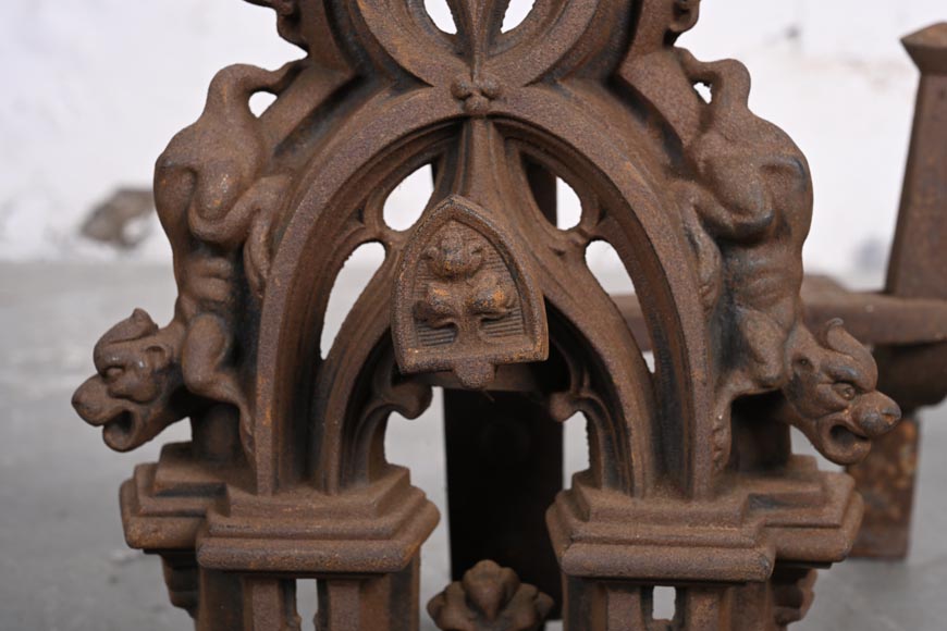 Pair of Neo-Gothic Iron Fire Dogs Pair of Neo-Gothic Iron Fire Dogs-5