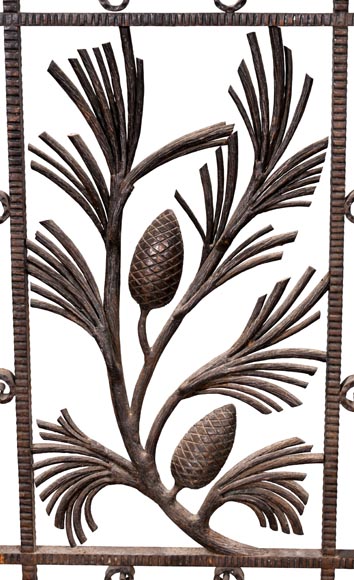 Wrought-iron fireplace spark guard with pine branch decoration, 1930s-3