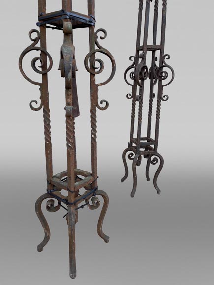 Pair of wrought iron lighting candelabra with openwork shafts, in the Renaissance taste Pair of wrought iron lighting candelabra with openwork shafts, in the Renaissance taste-5