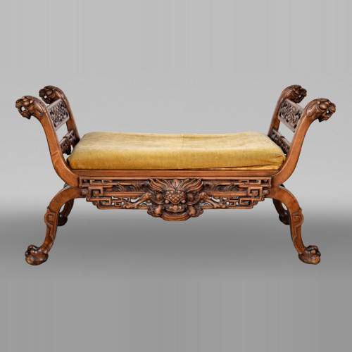 The Crystal Staircase (after), Large Japanese-style carved wooden bench with lion and Foo dog heads