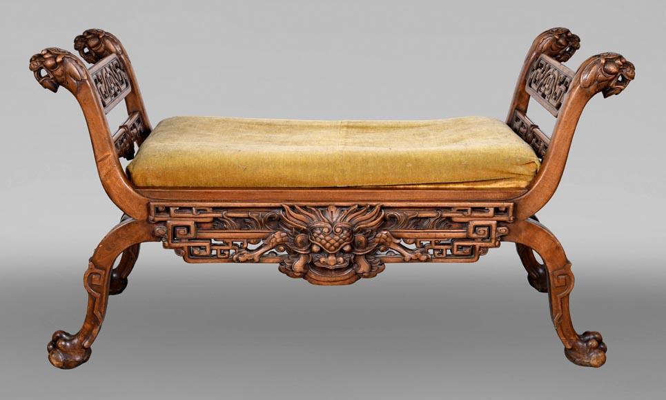 The Crystal Staircase (after), Large Japanese-style carved wooden bench with lion and Foo dog heads The Crystal Staircase (after), Large Japanese-style carved wooden bench with lion and Foo dog heads-0