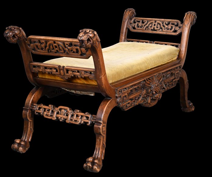 The Crystal Staircase (after), Large Japanese-style carved wooden bench with lion and Foo dog heads The Crystal Staircase (after), Large Japanese-style carved wooden bench with lion and Foo dog heads-1
