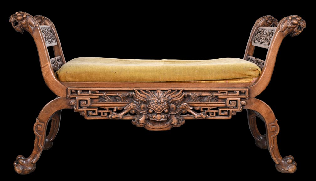 The Crystal Staircase (after), Large Japanese-style carved wooden bench with lion and Foo dog heads The Crystal Staircase (after), Large Japanese-style carved wooden bench with lion and Foo dog heads-2